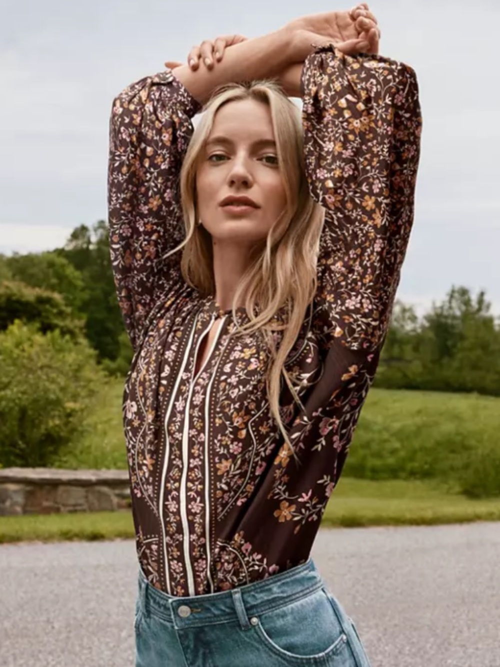 LOFT Floral Split Neck Blouse- Iced Espresso